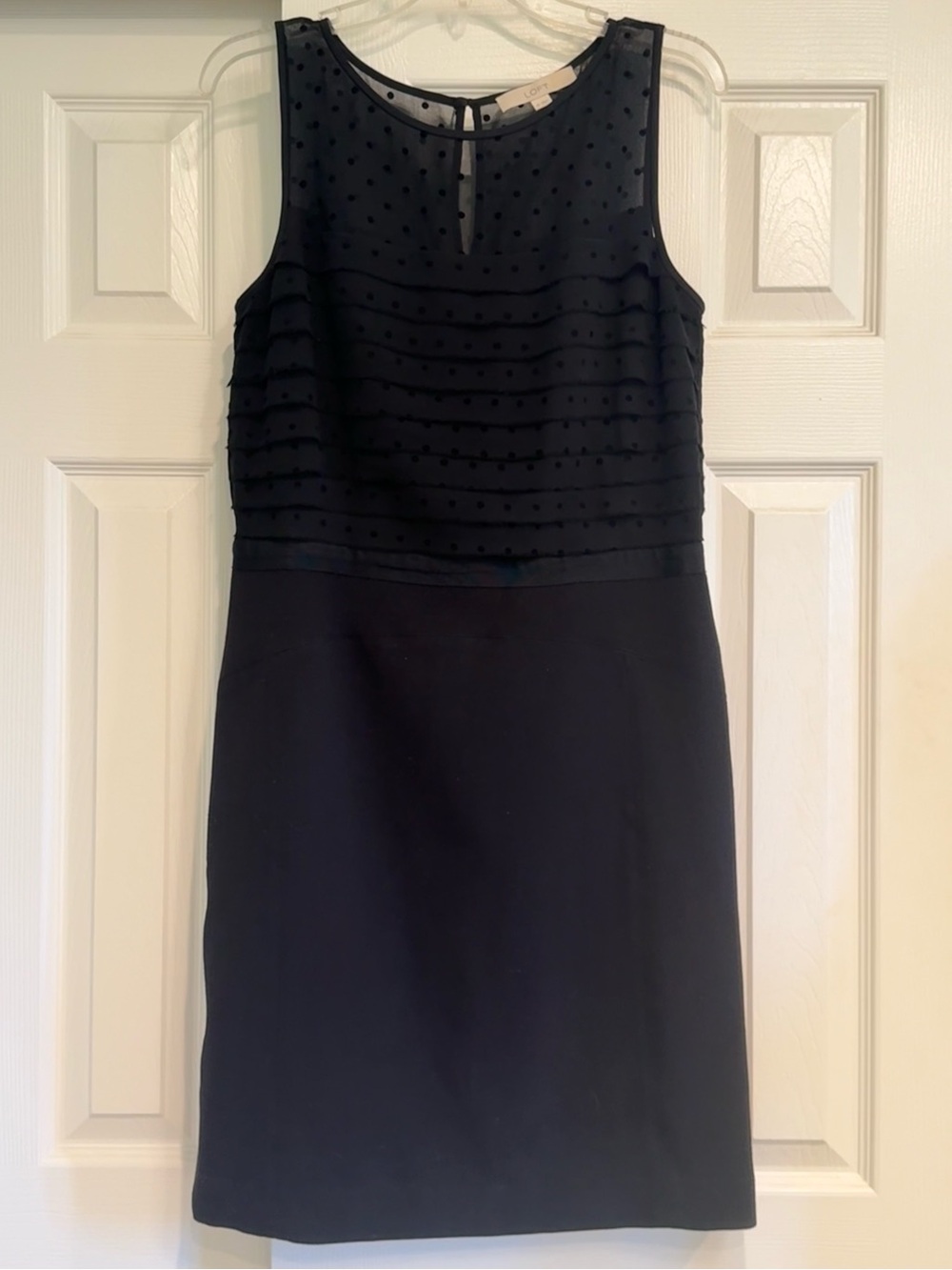 LOFT Black Sleeveless Midi Sheath Dress with Dotted Mesh Bodice